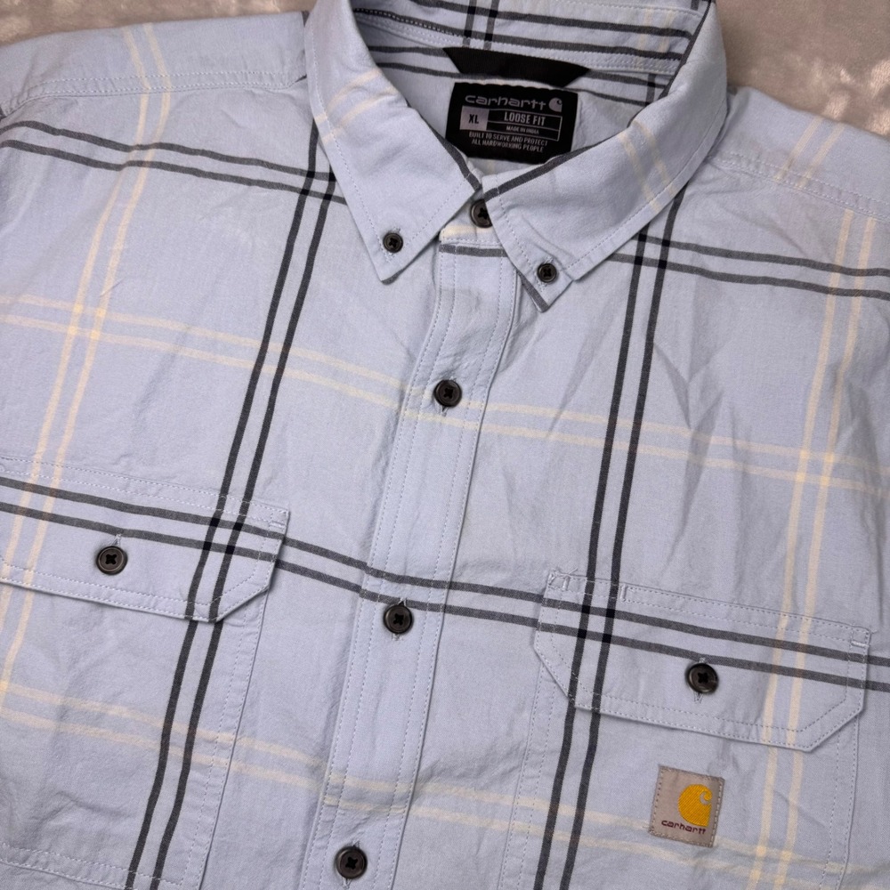 Carhartt Mens XL Loose Fit Short Sleeve Plaid Button Down Shirt Blue TW4625-M